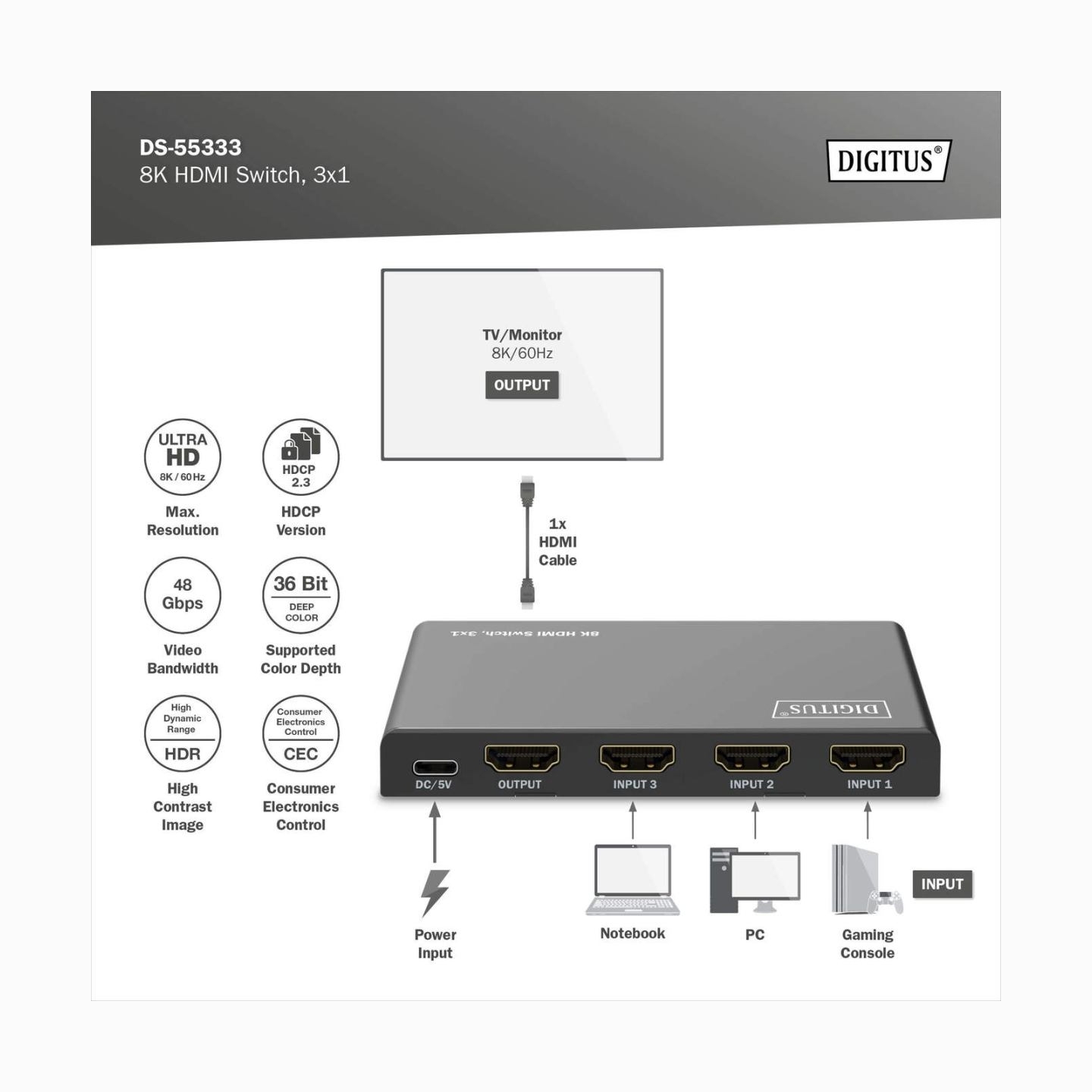 Digitus 8K HDMI Switch, 3x1 | DS-55333 | Black