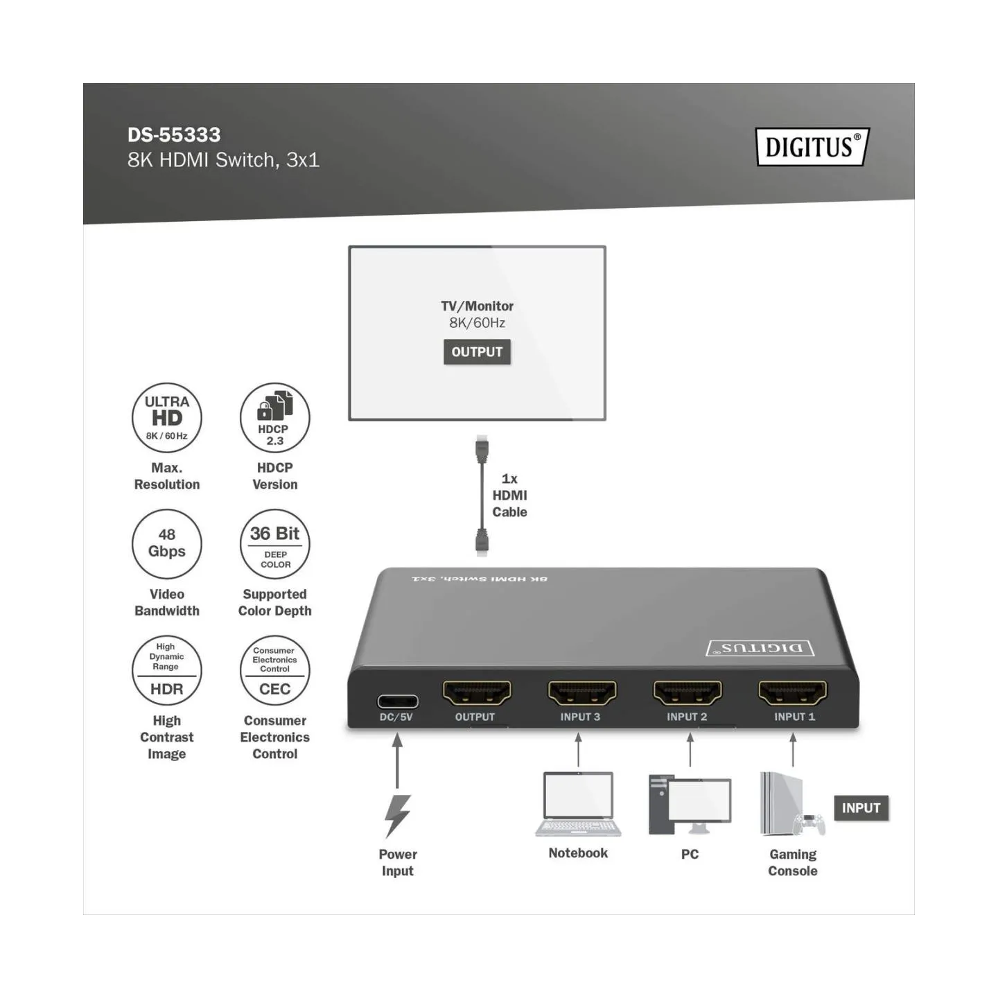 Digitus 8K HDMI Switch, 3x1 | DS-55333 | Black