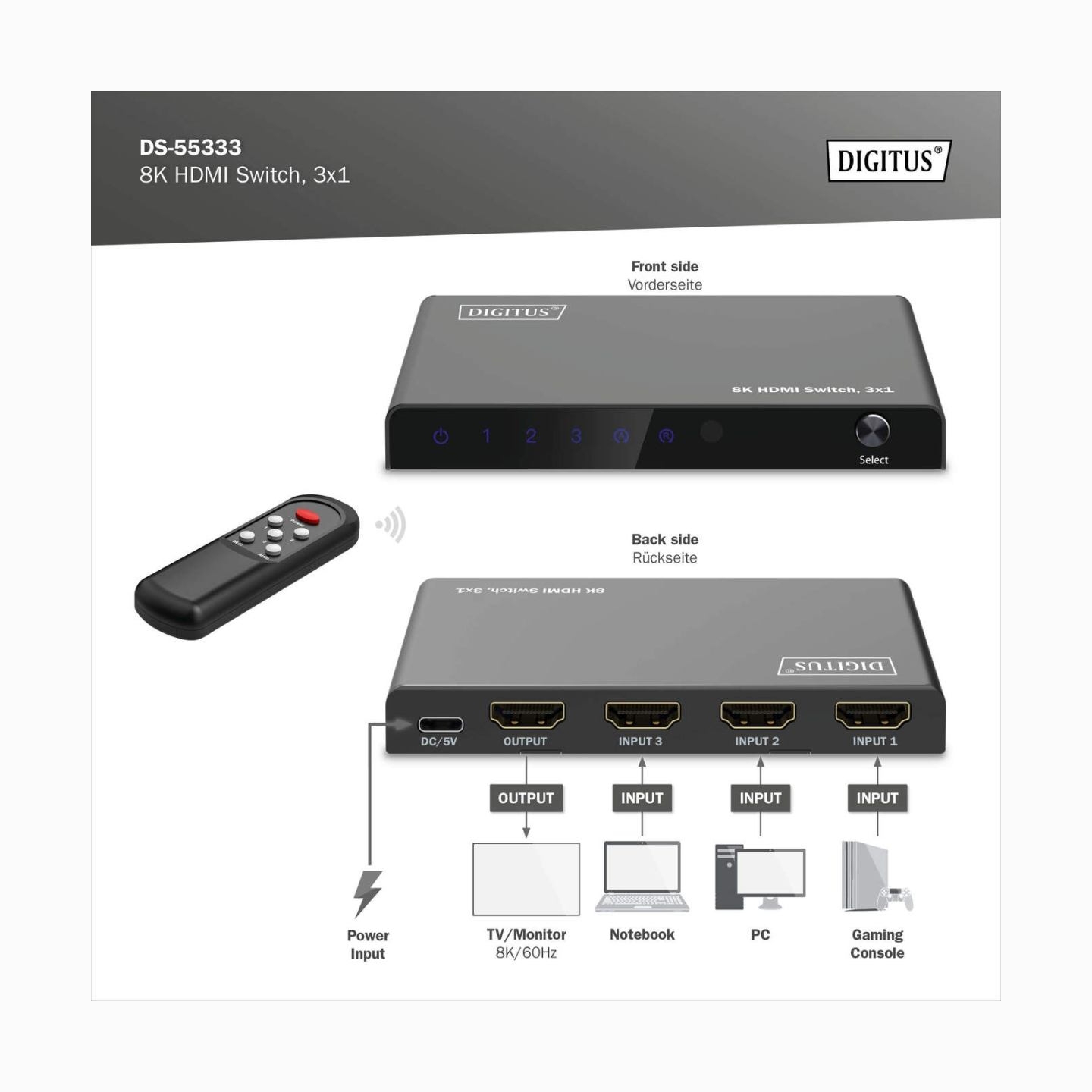 Digitus 8K HDMI Switch, 3x1 | DS-55333 | Black