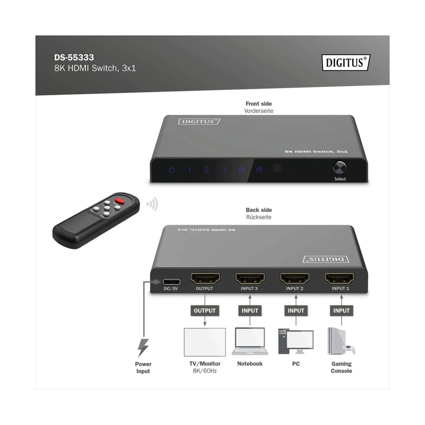 Digitus 8K HDMI Switch, 3x1 | DS-55333 | Black