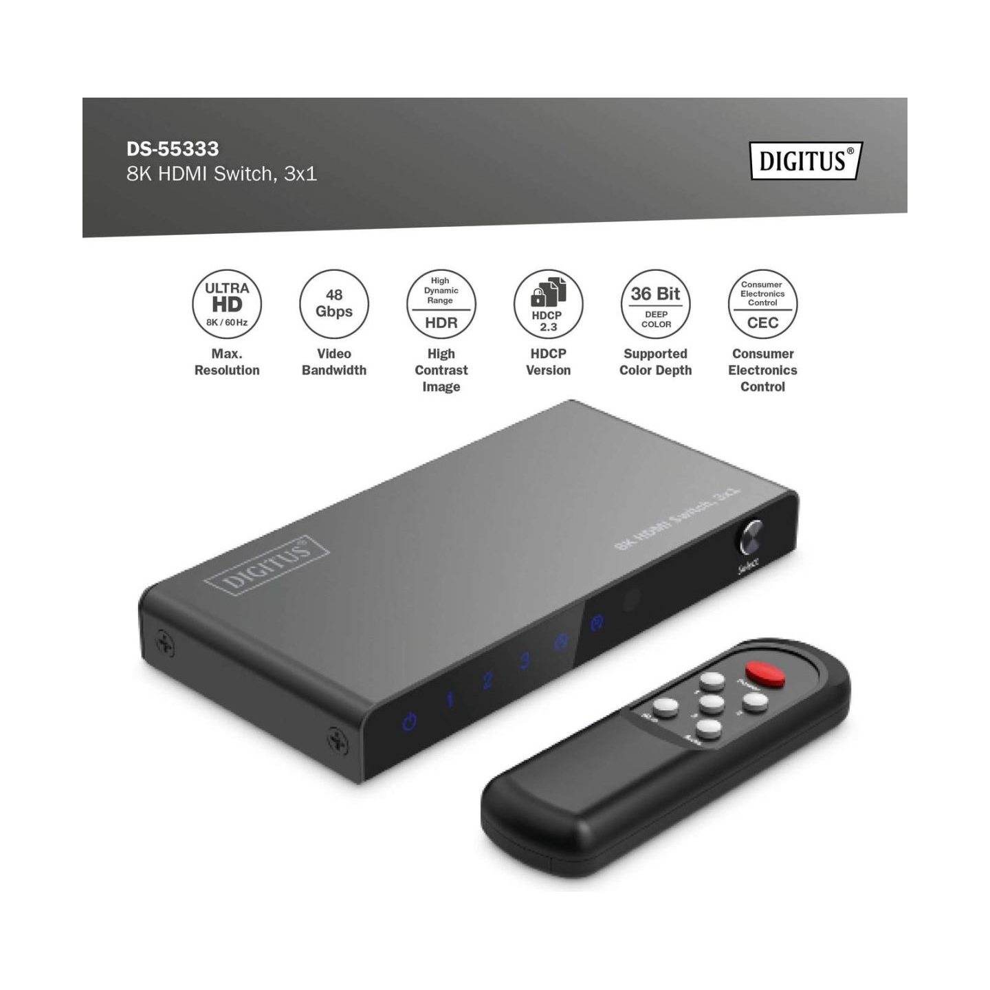 Digitus 8K HDMI Switch, 3x1 | DS-55333 | Black