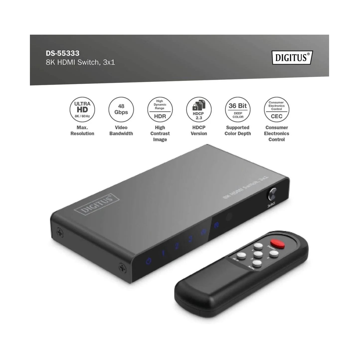 Digitus 8K HDMI Switch, 3x1 | DS-55333 | Black