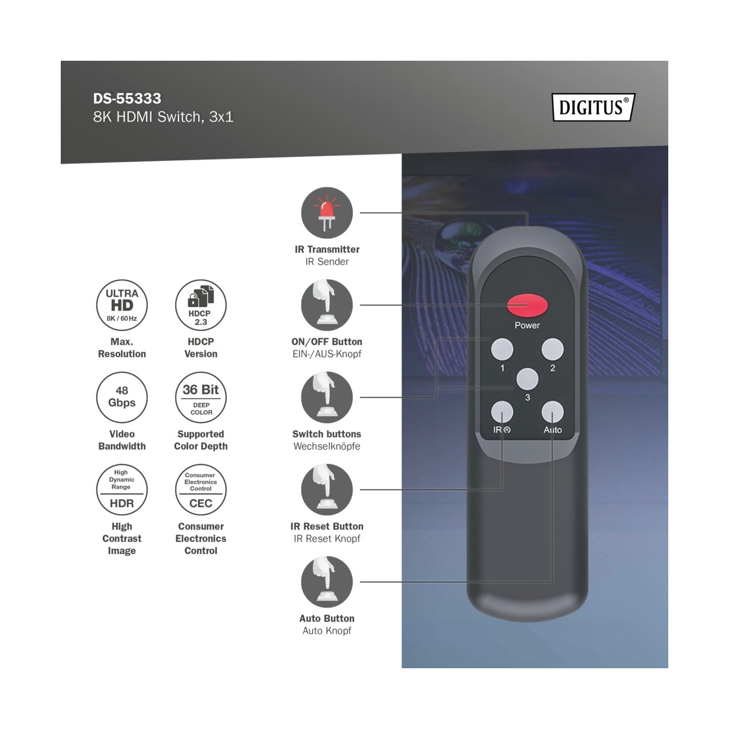 Digitus 8K HDMI Switch, 3x1 | DS-55333 | Black