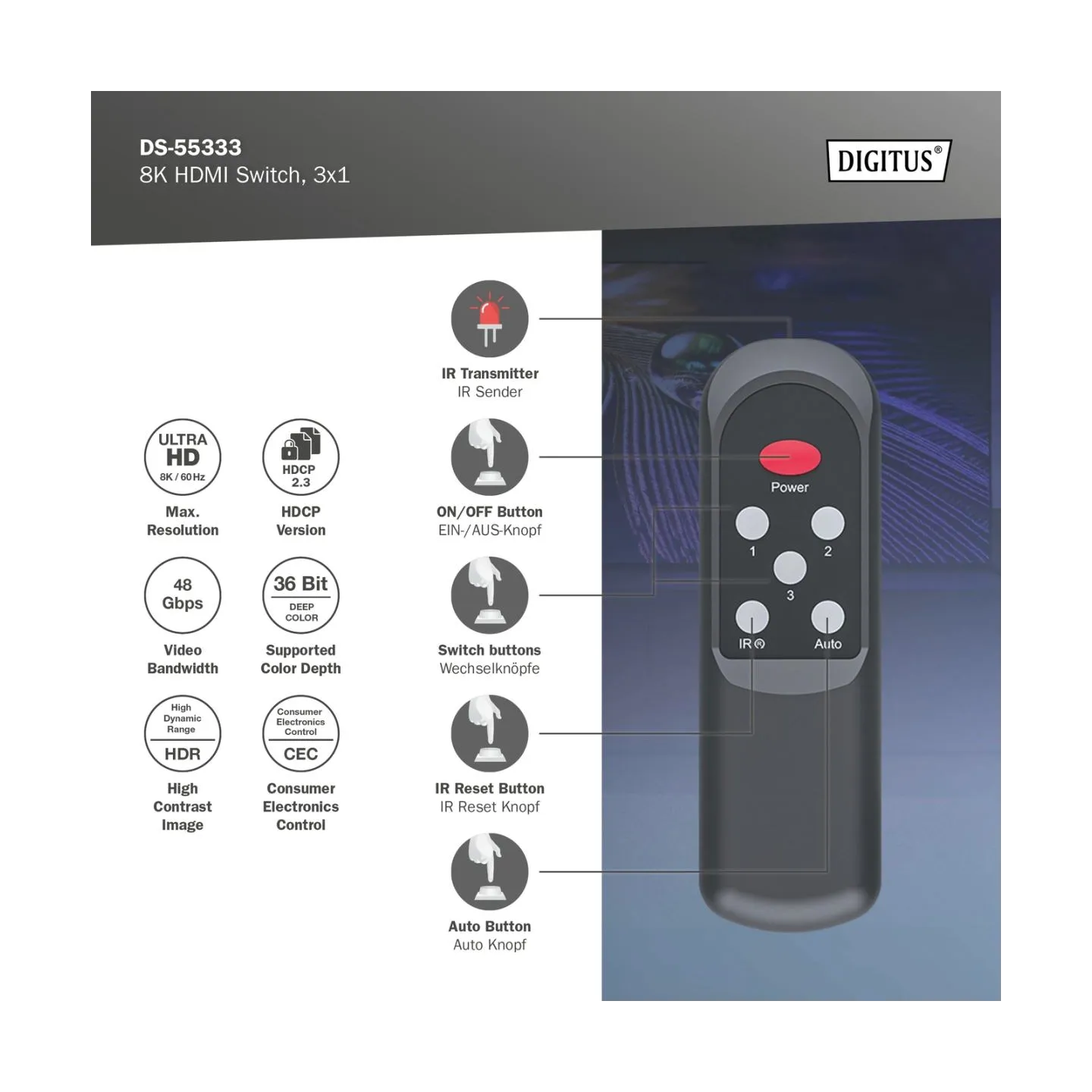 Digitus 8K HDMI Switch, 3x1 | DS-55333 | Black