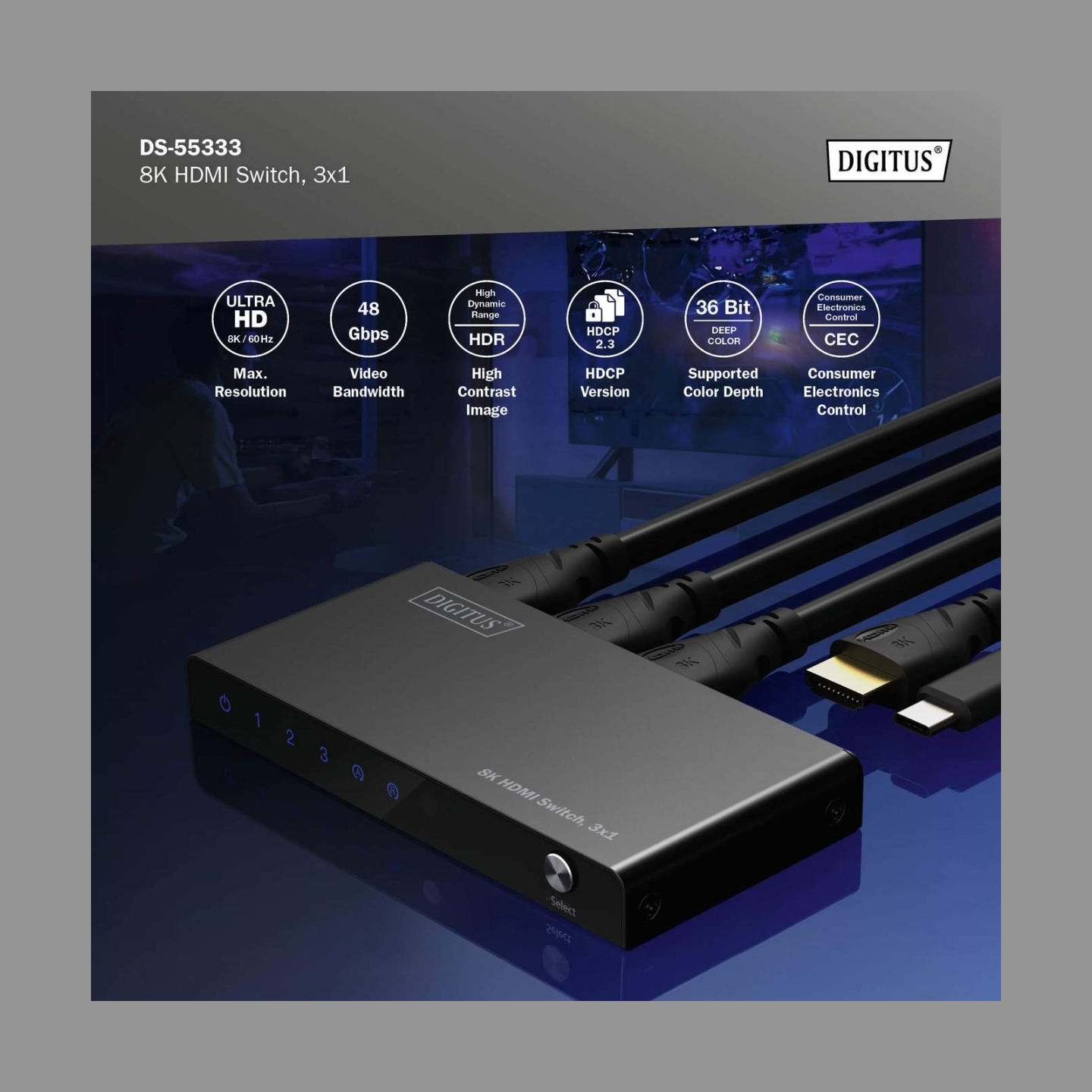 Digitus 8K HDMI Switch, 3x1 | DS-55333 | Black