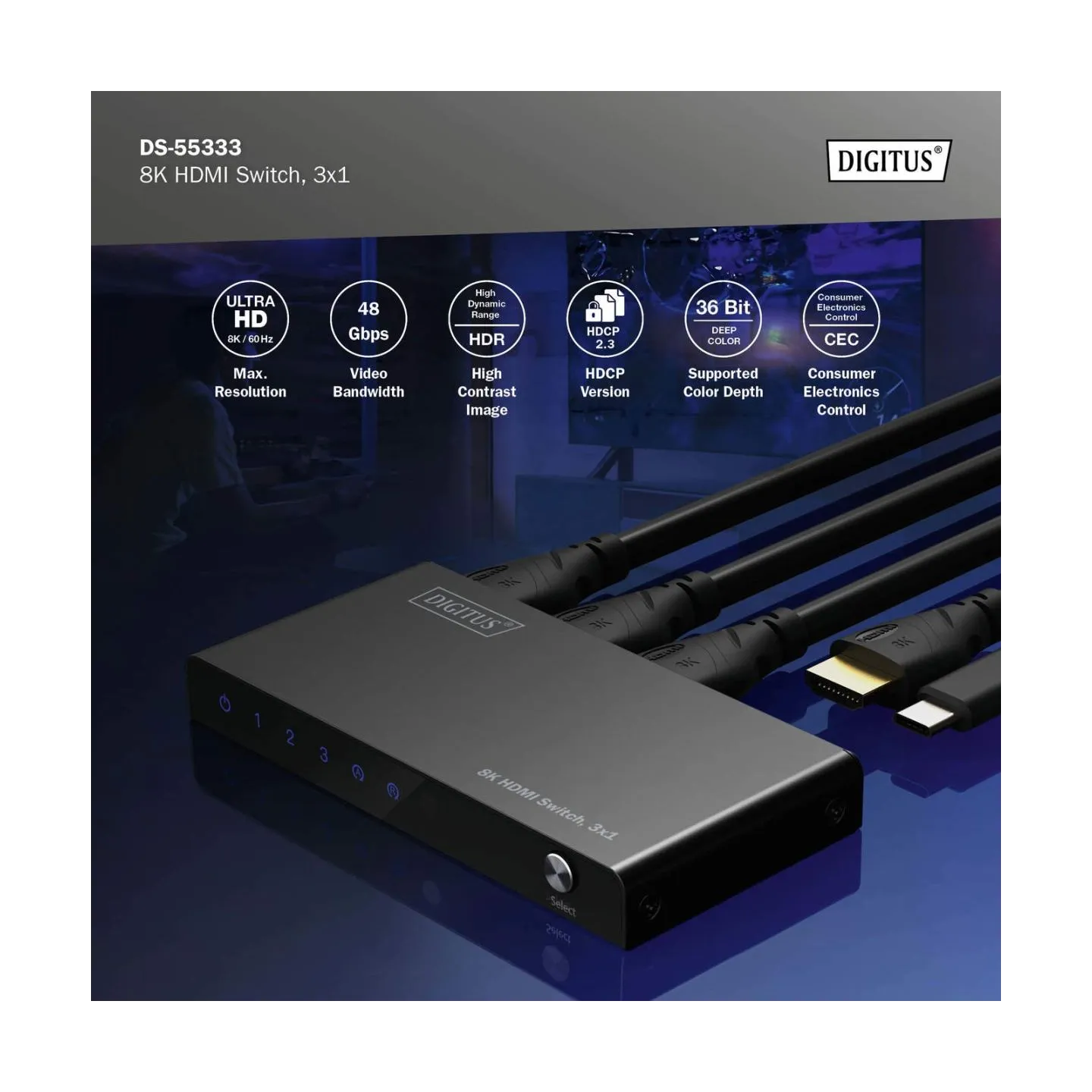 Digitus 8K HDMI Switch, 3x1 | DS-55333 | Black