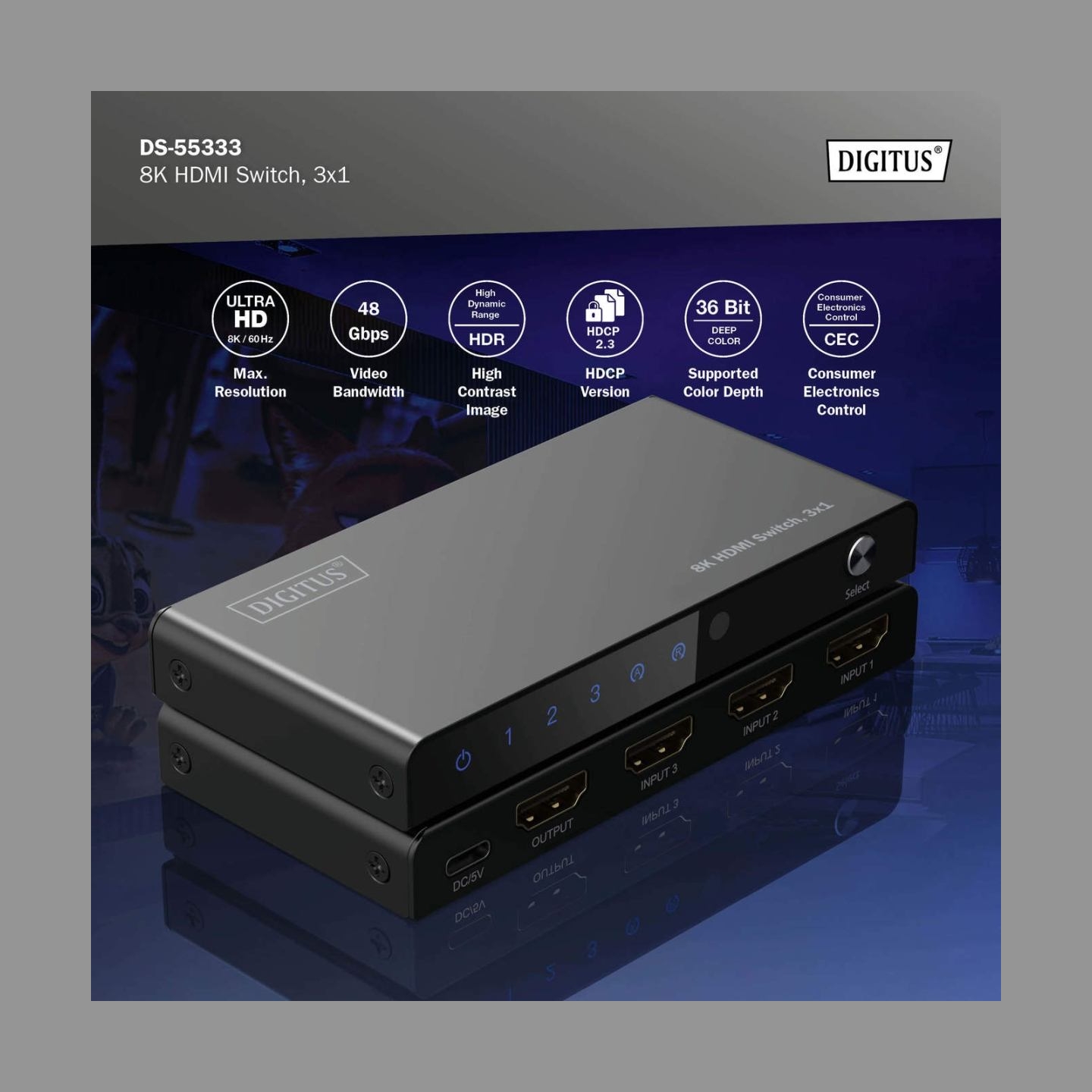 Digitus 8K HDMI Switch, 3x1 | DS-55333 | Black