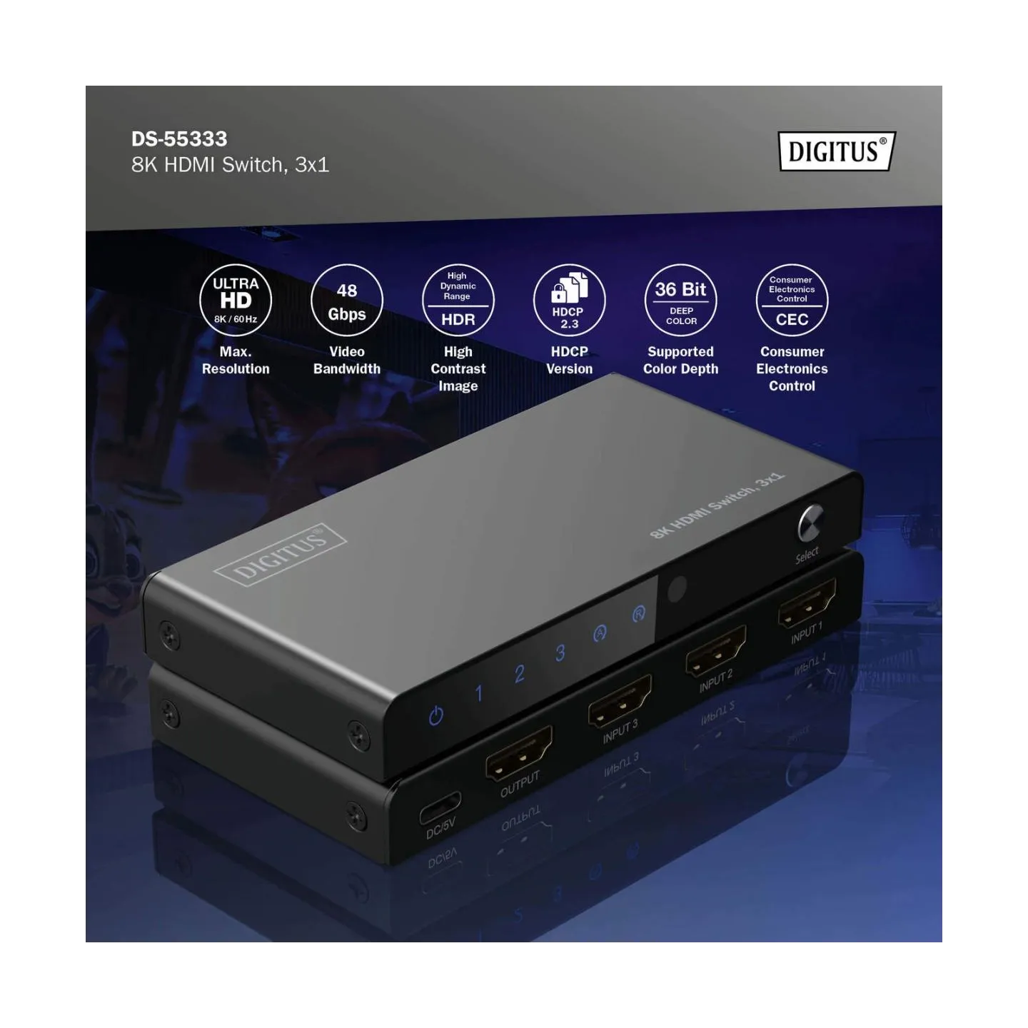 Digitus 8K HDMI Switch, 3x1 | DS-55333 | Black
