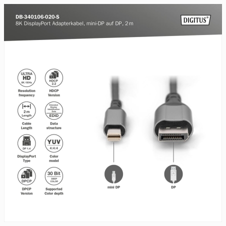 Digitus | 8K DisplayPort Adapter Cable, Mini DP to DP, 2 m | DB-340106-020-S | DisplayPort to DisplayPort