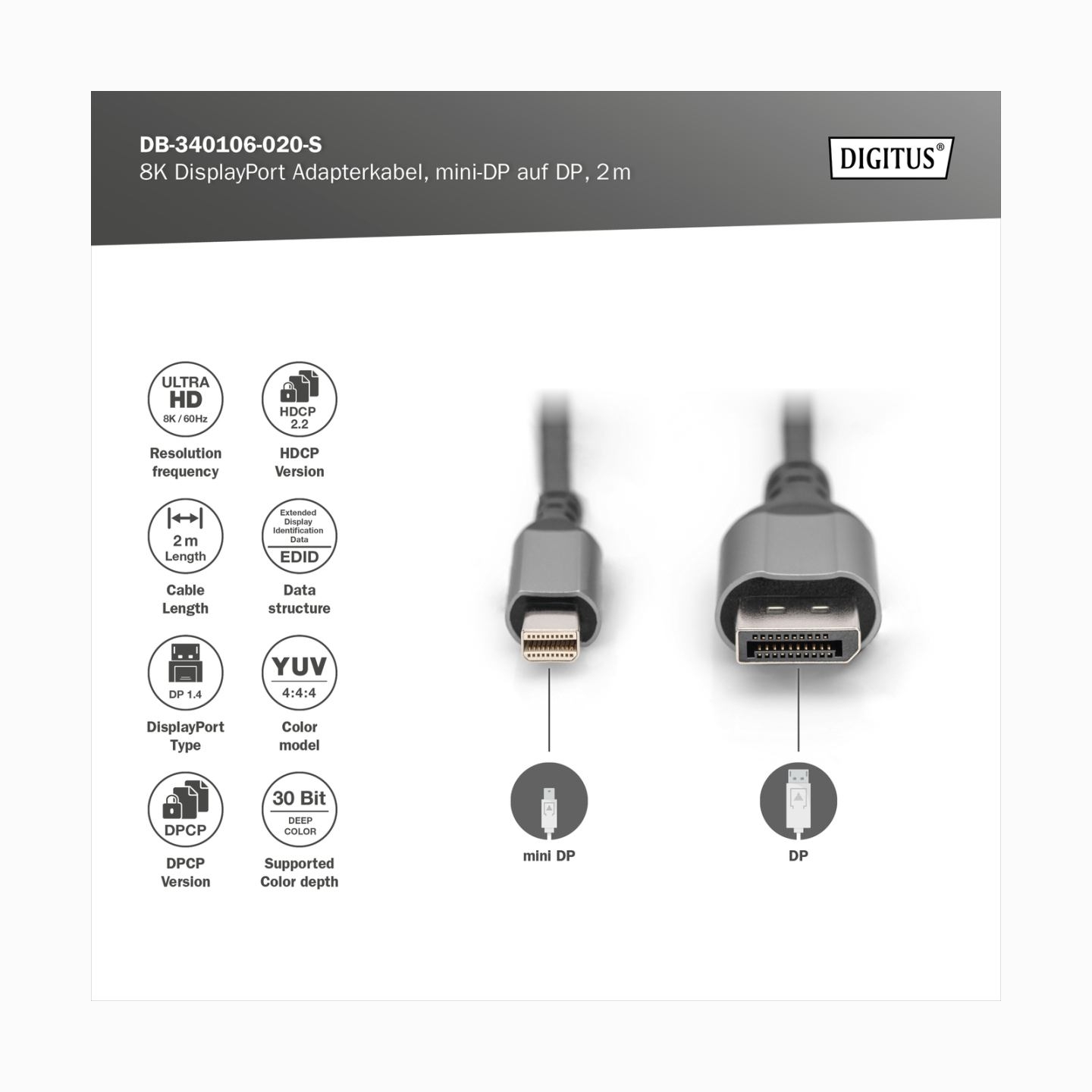 Digitus | 8K DisplayPort Adapter Cable, Mini DP to DP, 2 m | DB-340106-020-S | DisplayPort to DisplayPort