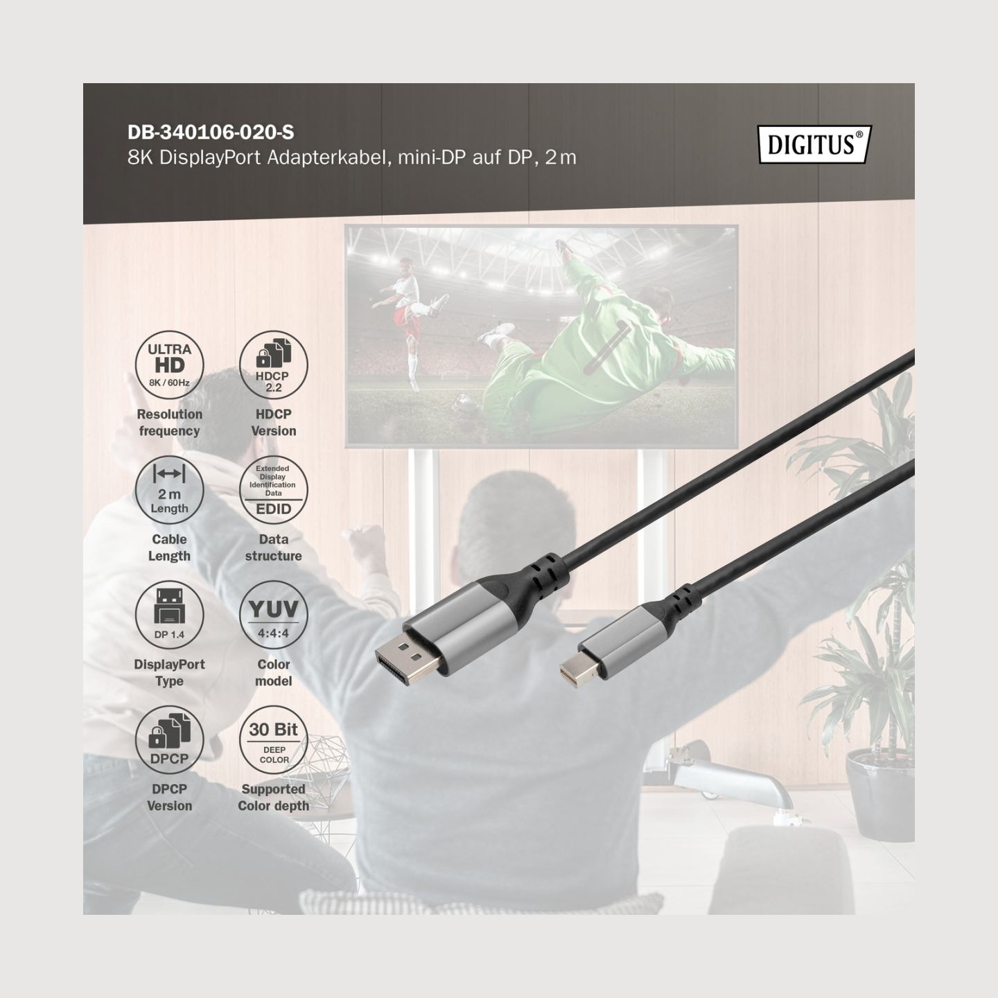 Digitus | 8K DisplayPort Adapter Cable, Mini DP to DP, 2 m | DB-340106-020-S | DisplayPort to DisplayPort