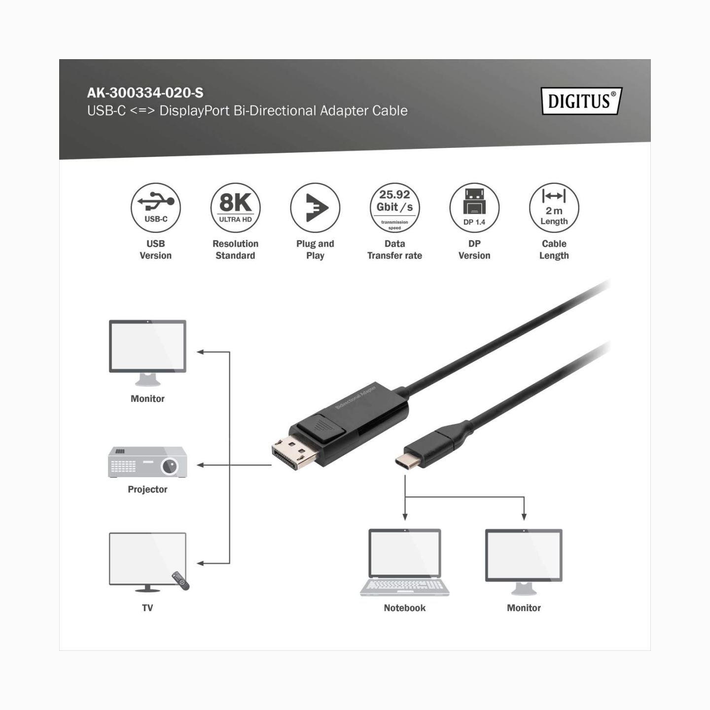 Digitus | Bi-Directional Adapter Cable 2 m | AK-300334-020-S | USB Type C to DisplayPort