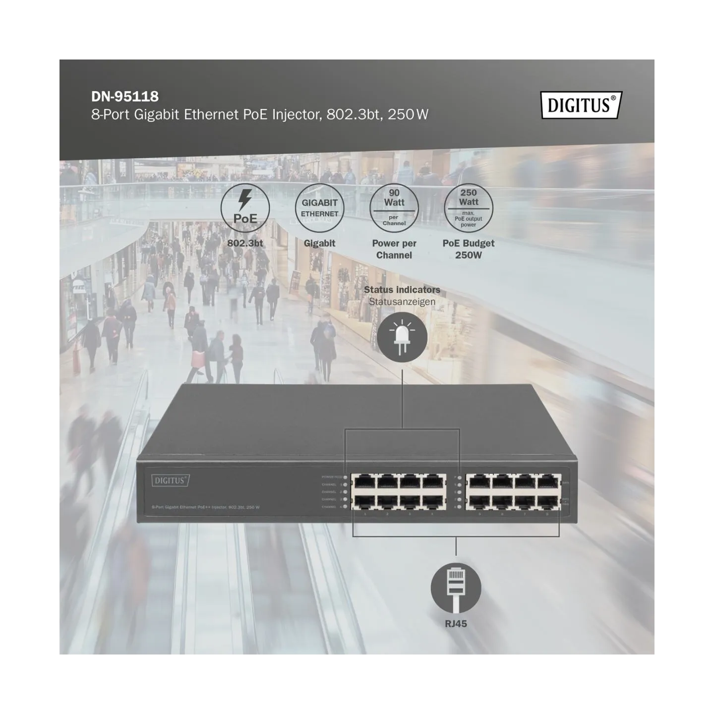 Digitus 8-Port Gigabit Ethernet PoE Injector, 802.3bt, 250 W | DN-95118