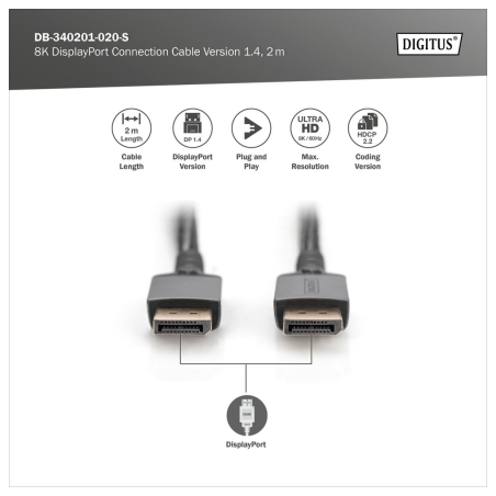 Digitus | 8K DisplayPort Connection Cable Version 1.4 | DB-340201-020-S | DisplayPort to DisplayPort