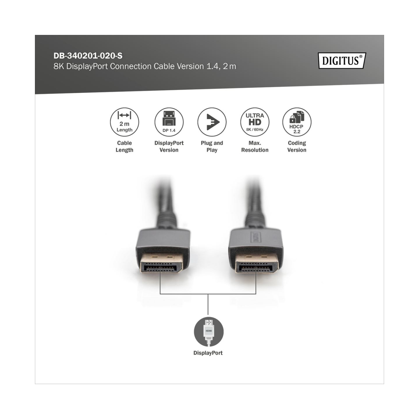 Digitus | 8K DisplayPort Connection Cable Version 1.4 | DB-340201-020-S | DisplayPort to DisplayPort