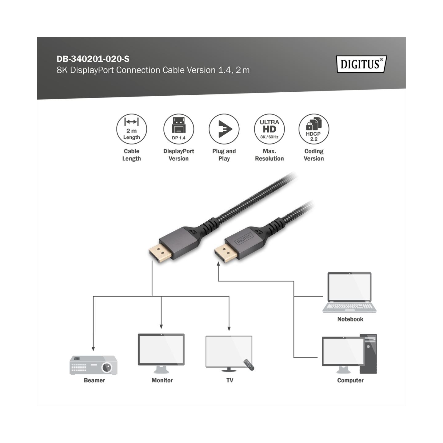 Digitus | 8K DisplayPort Connection Cable Version 1.4 | DB-340201-020-S | DisplayPort to DisplayPort
