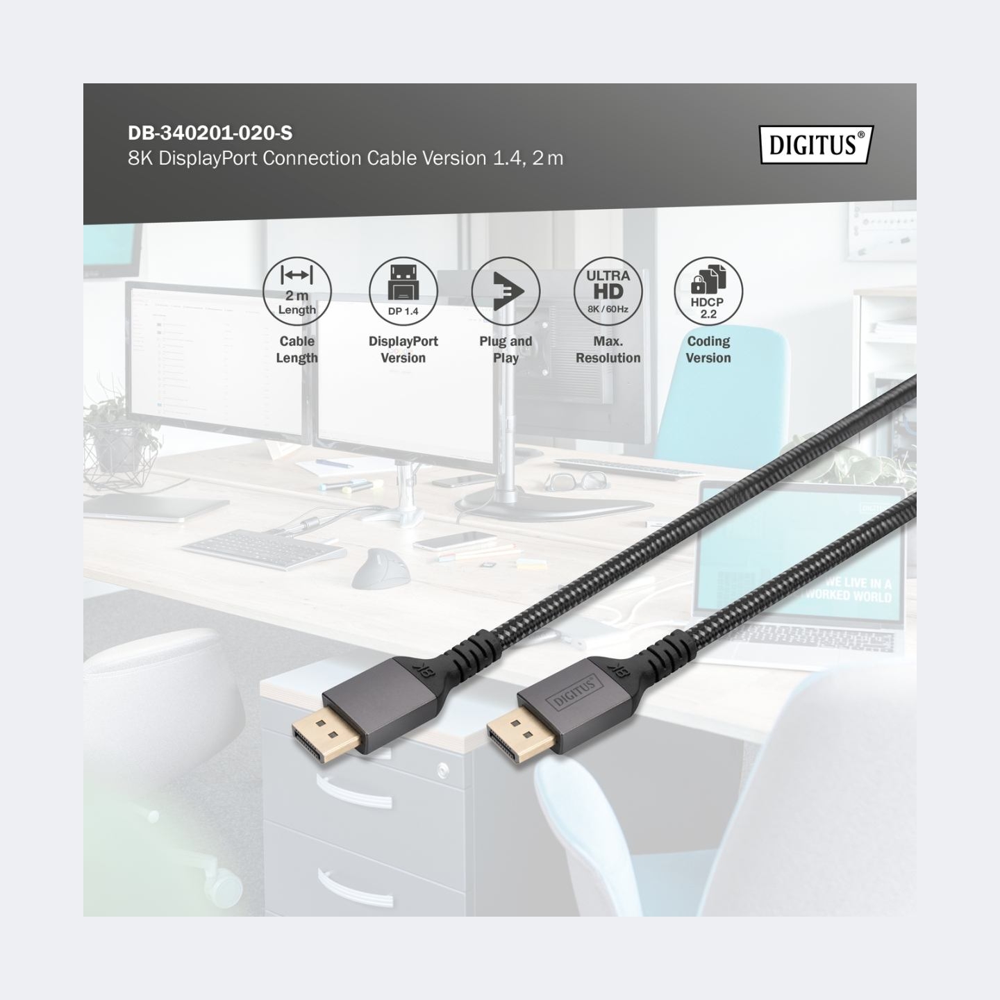 Digitus | 8K DisplayPort Connection Cable Version 1.4 | DB-340201-020-S | DisplayPort to DisplayPort