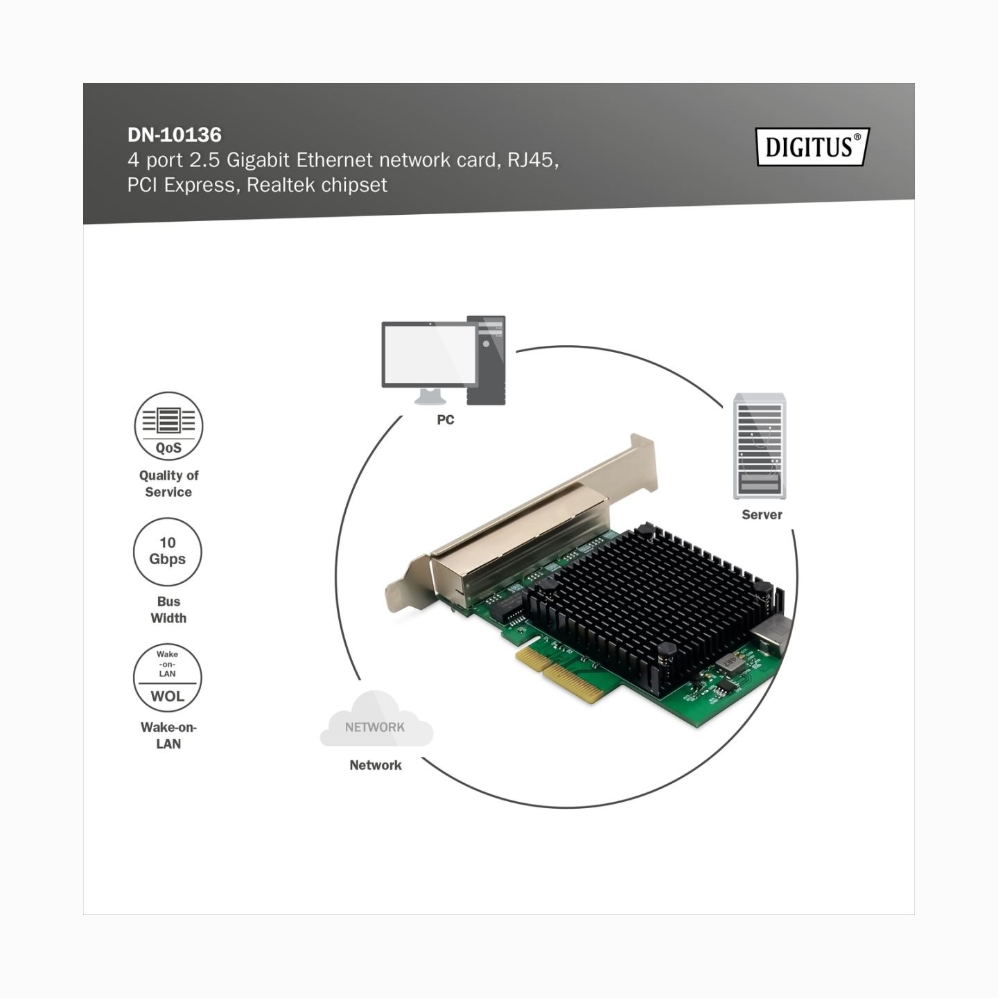 Digitus DN-10136 4-Port RJ45 RTL8125B, 2.5 GBits Server NIC