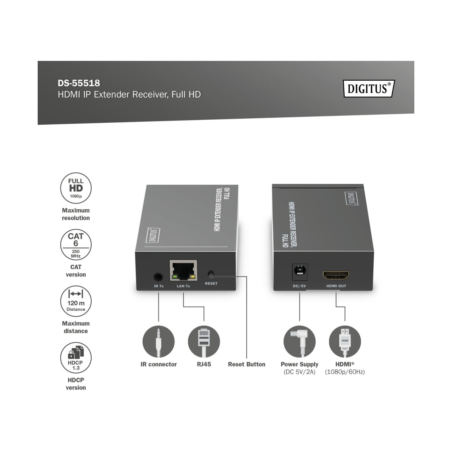 Digitus | HDMI IP Extender Receiver, Full HD | DS-55518