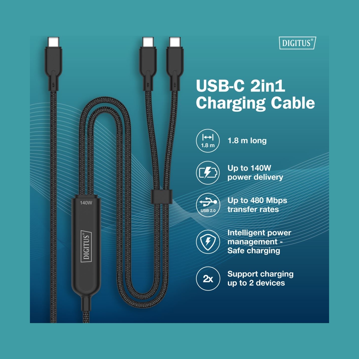 Digitus | USB-C 2in1 charging cable, 140W | AK-300170-018-S