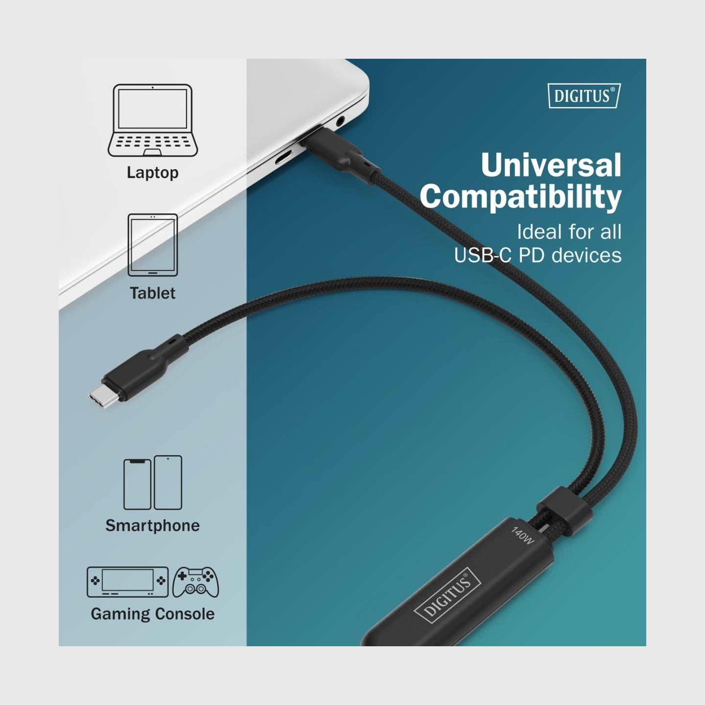 Digitus | USB-C 2in1 charging cable, 140W | AK-300170-018-S