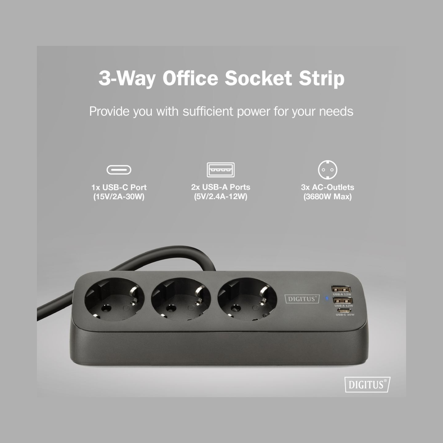 Digitus 3-way office socket strip with 2x USB-A and 1x USB-C connections | DA-70625