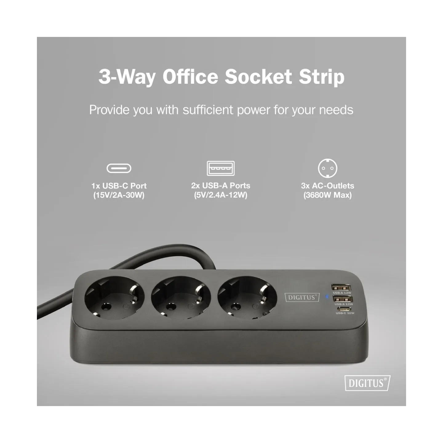 Digitus 3-way office socket strip with 2x USB-A and 1x USB-C connections | DA-70625