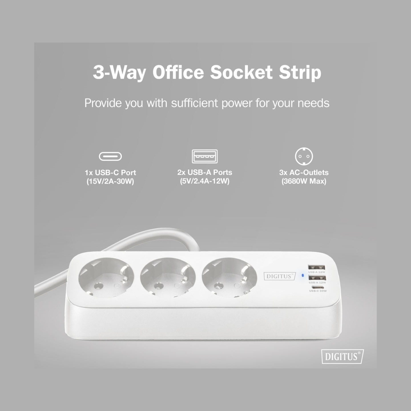 Digitus 3-way office socket strip with 2x USB-A and 1x USB-C connections | DA-70626