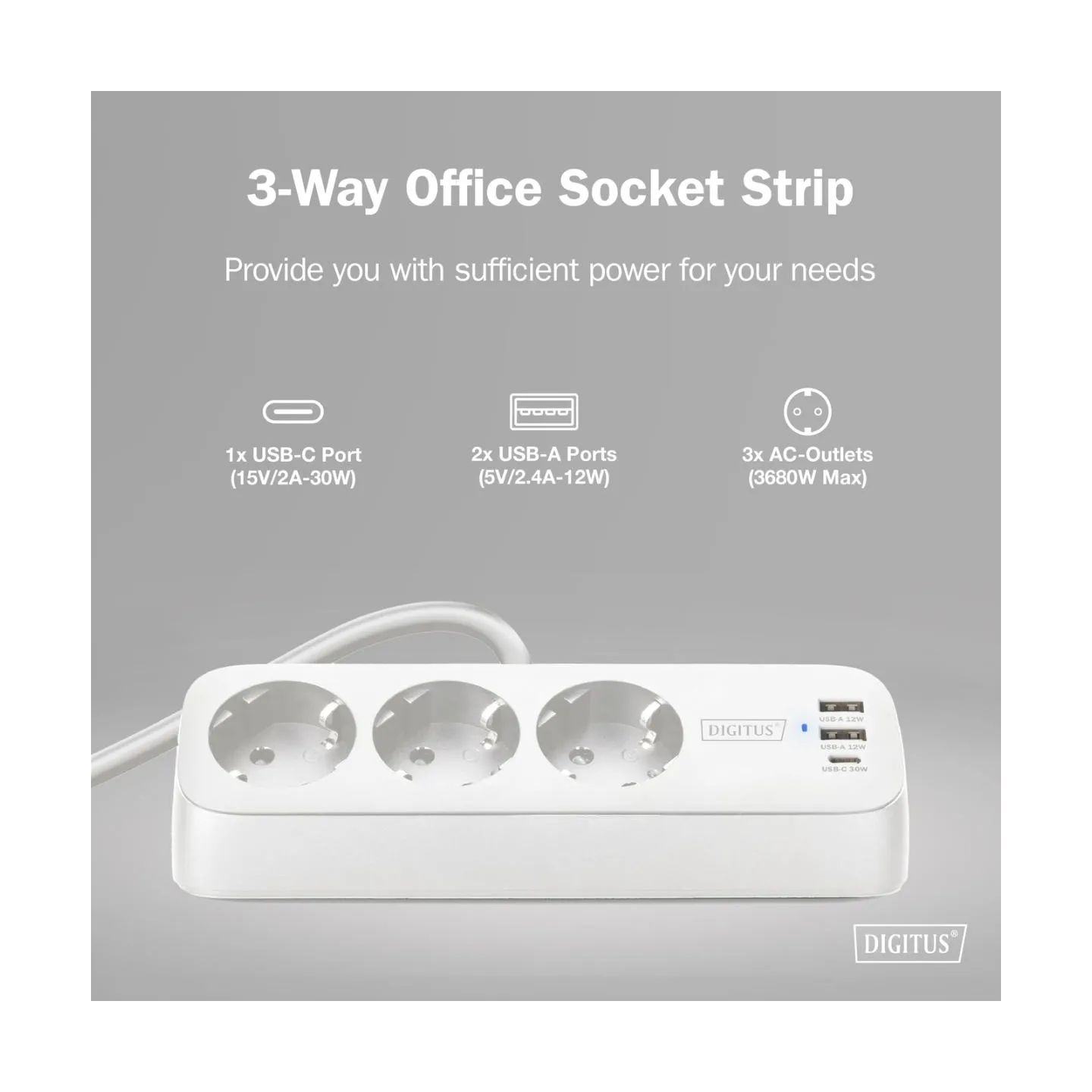 Digitus 3-way office socket strip with 2x USB-A and 1x USB-C connections | DA-70626