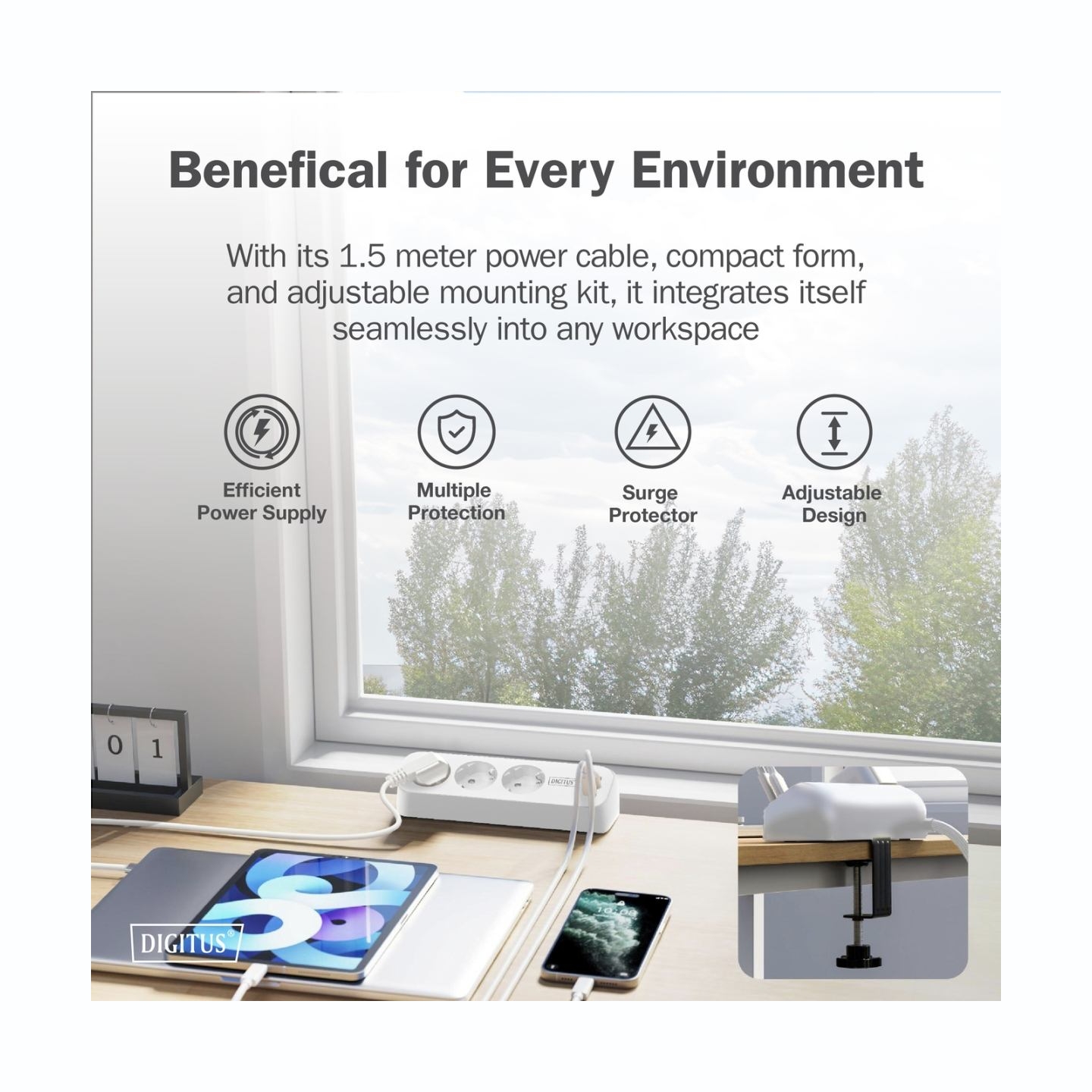 Digitus 3-way office socket strip with 2x USB-A and 1x USB-C connections | DA-70626