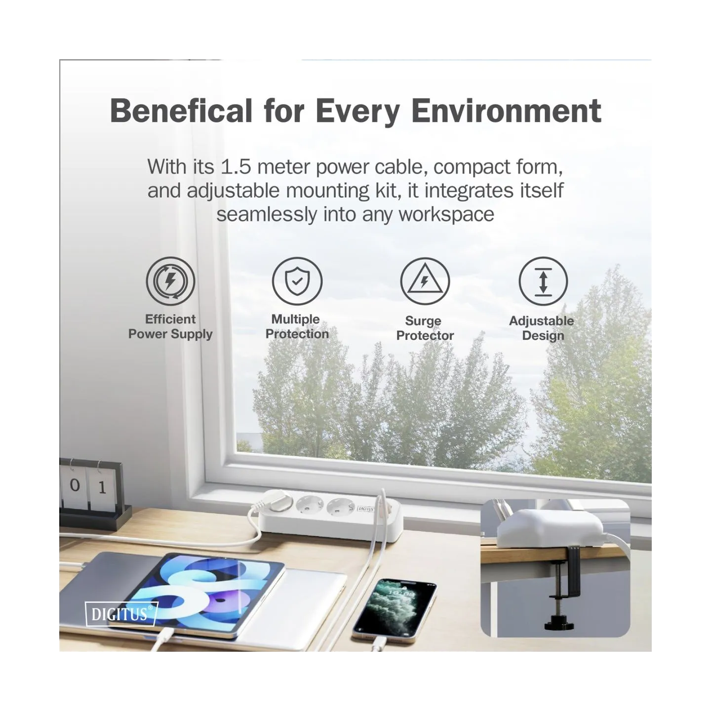 Digitus 3-way office socket strip with 2x USB-A and 1x USB-C connections | DA-70626