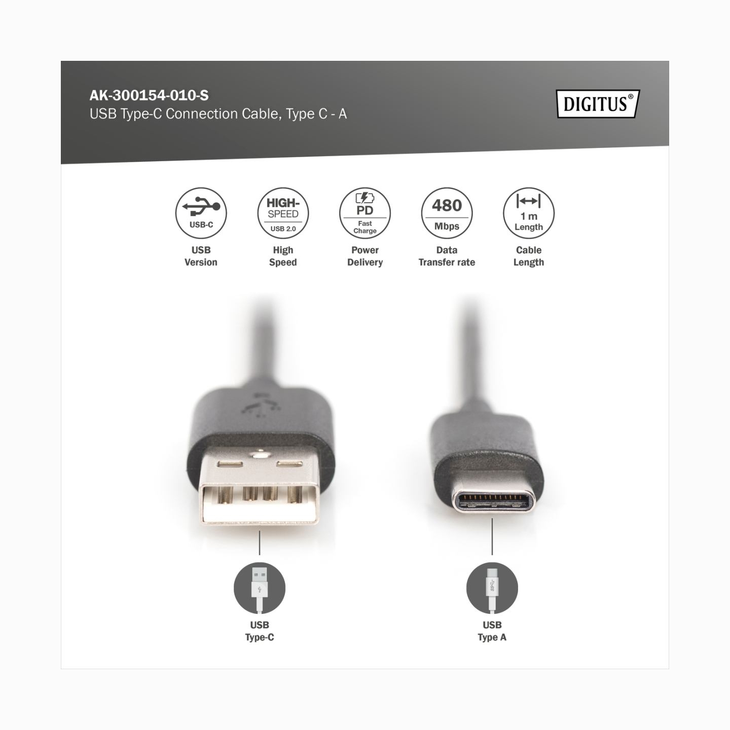 Digitus | USB Type-C connection cable, type USB-A - USB-C | AK-300154-010-S
