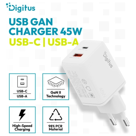 Digitus USB GaN Charger 45W, 1x USB-C, 1x USB-A | DA-10302