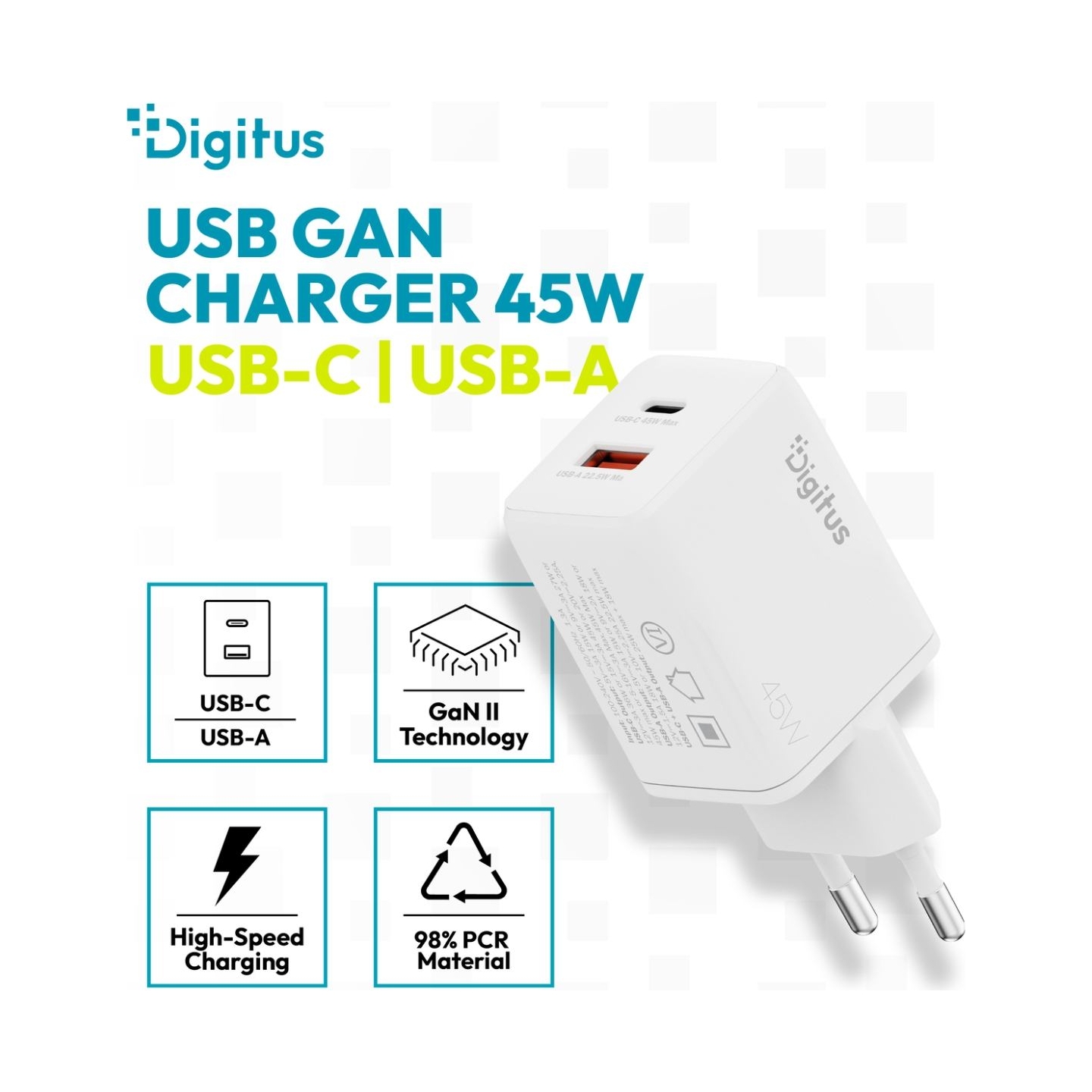 Digitus USB GaN Charger 45W, 1x USB-C, 1x USB-A | DA-10302