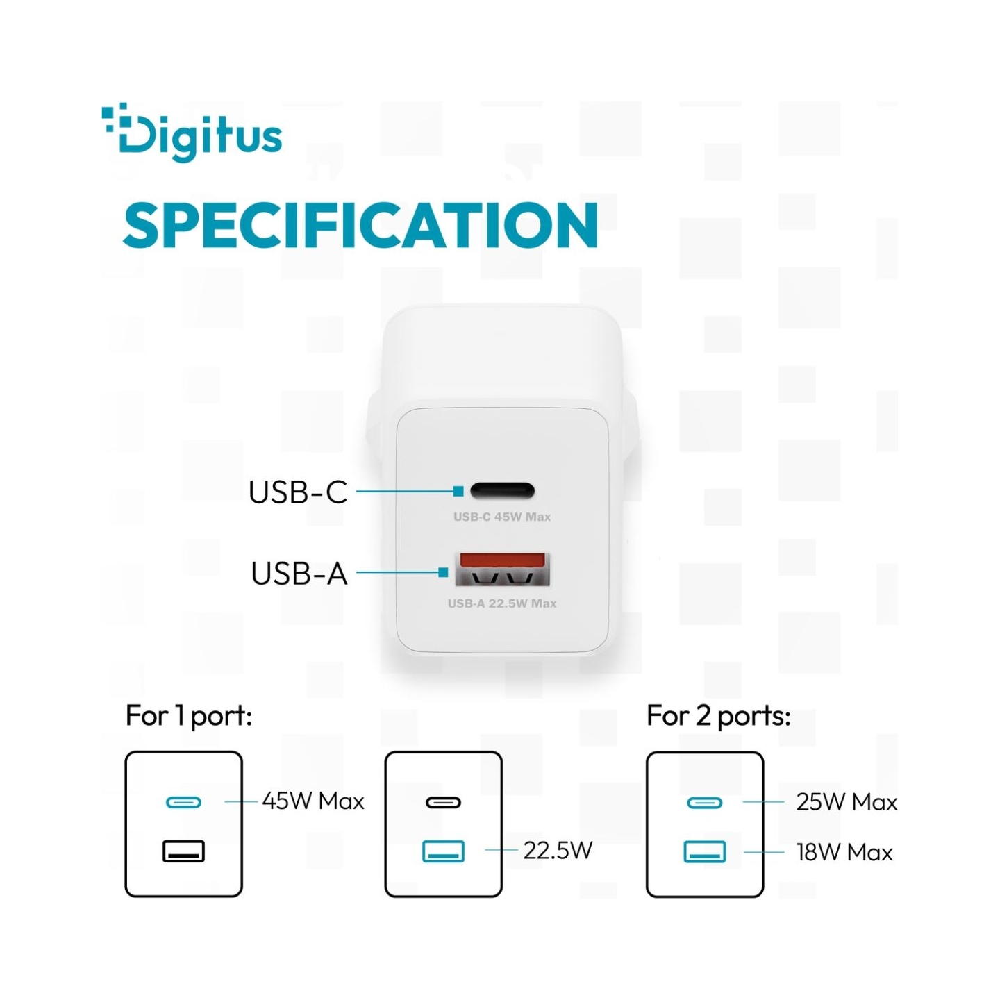 Digitus USB GaN Charger 45W, 1x USB-C, 1x USB-A | DA-10302