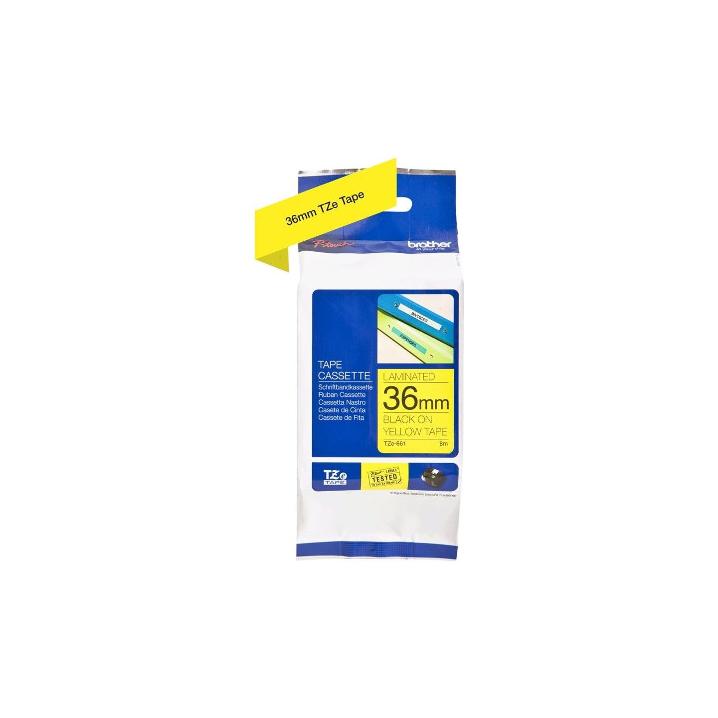 Brother | TZe-661 Laminated Tape | Black on Yellow | TZe | 8 m | 3.6 cm