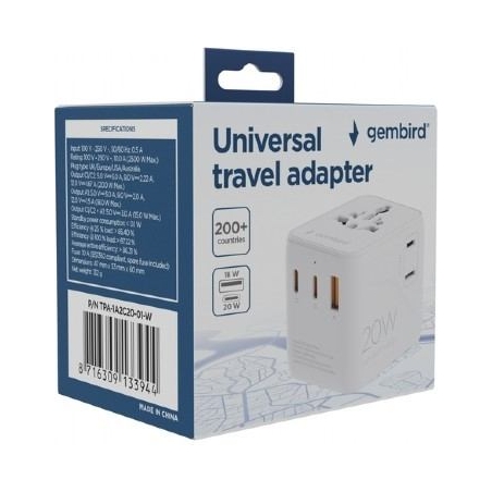Gembird Universal travel power adapter | TPA-1A2C20-01-W | 20 W | Travel Adapter