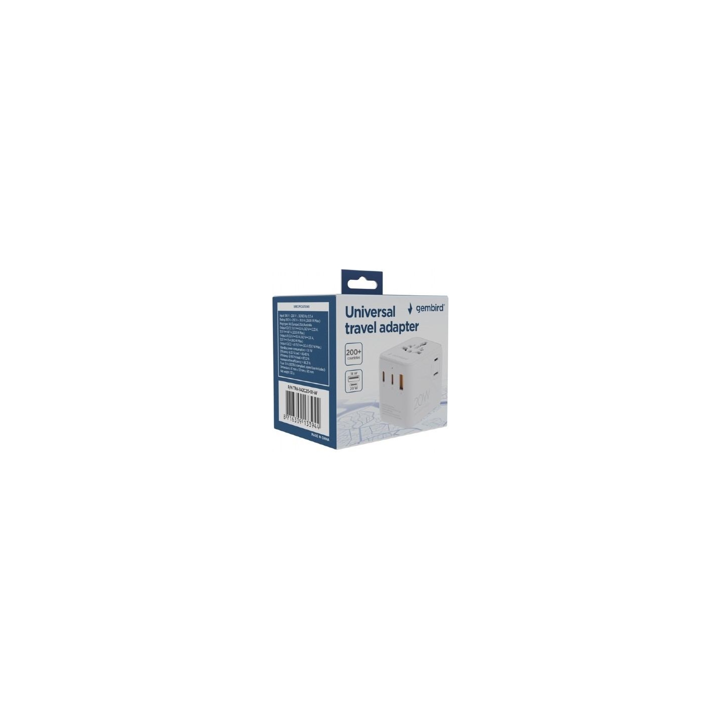 Gembird Universal travel power adapter | TPA-1A2C20-01-W | 20 W | Travel Adapter