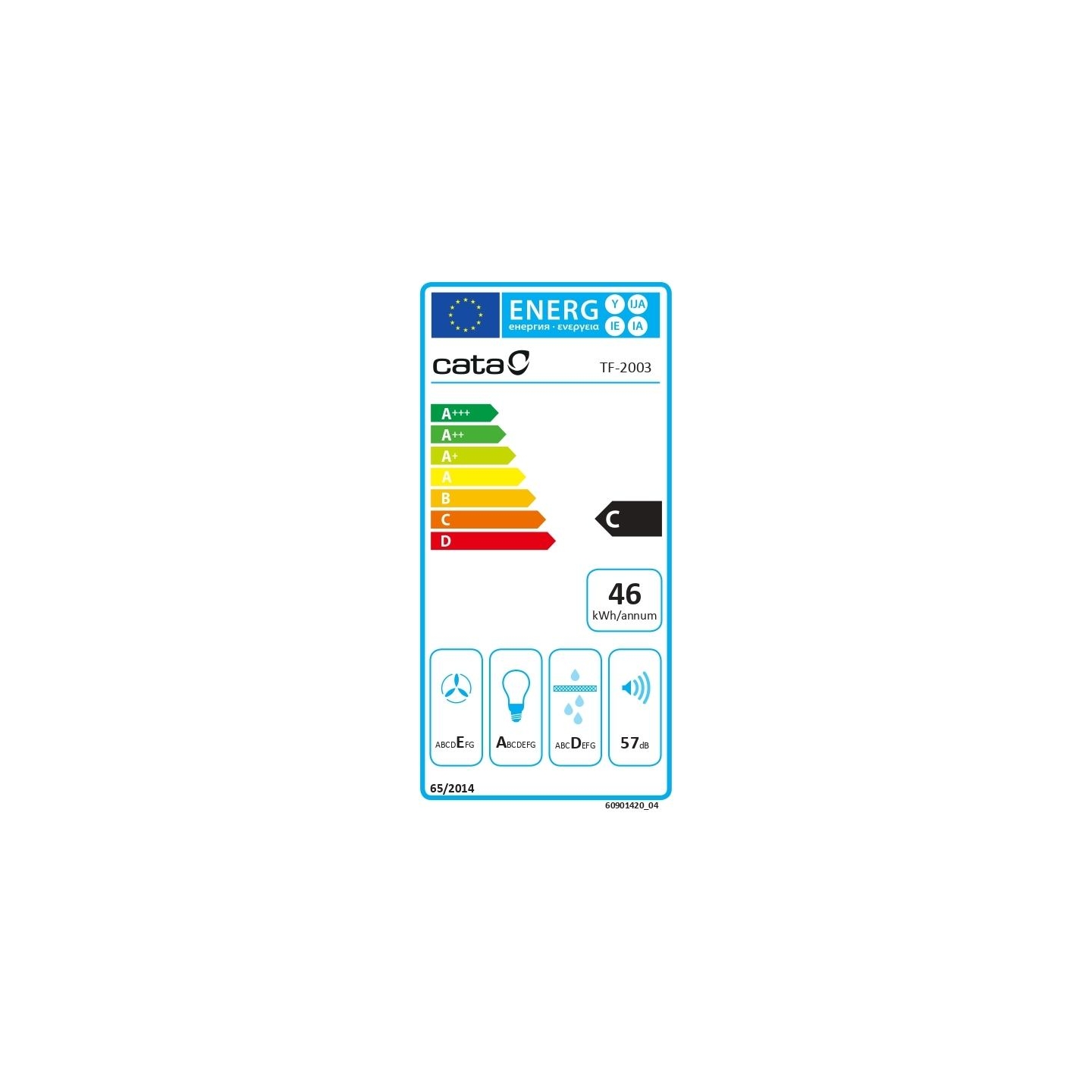 Cata | Hood | TF 2003 Duralum 600 | Telescopic | Energy efficiency class C | Width 60 cm | 390 m³/h | Mechanical control | LED |