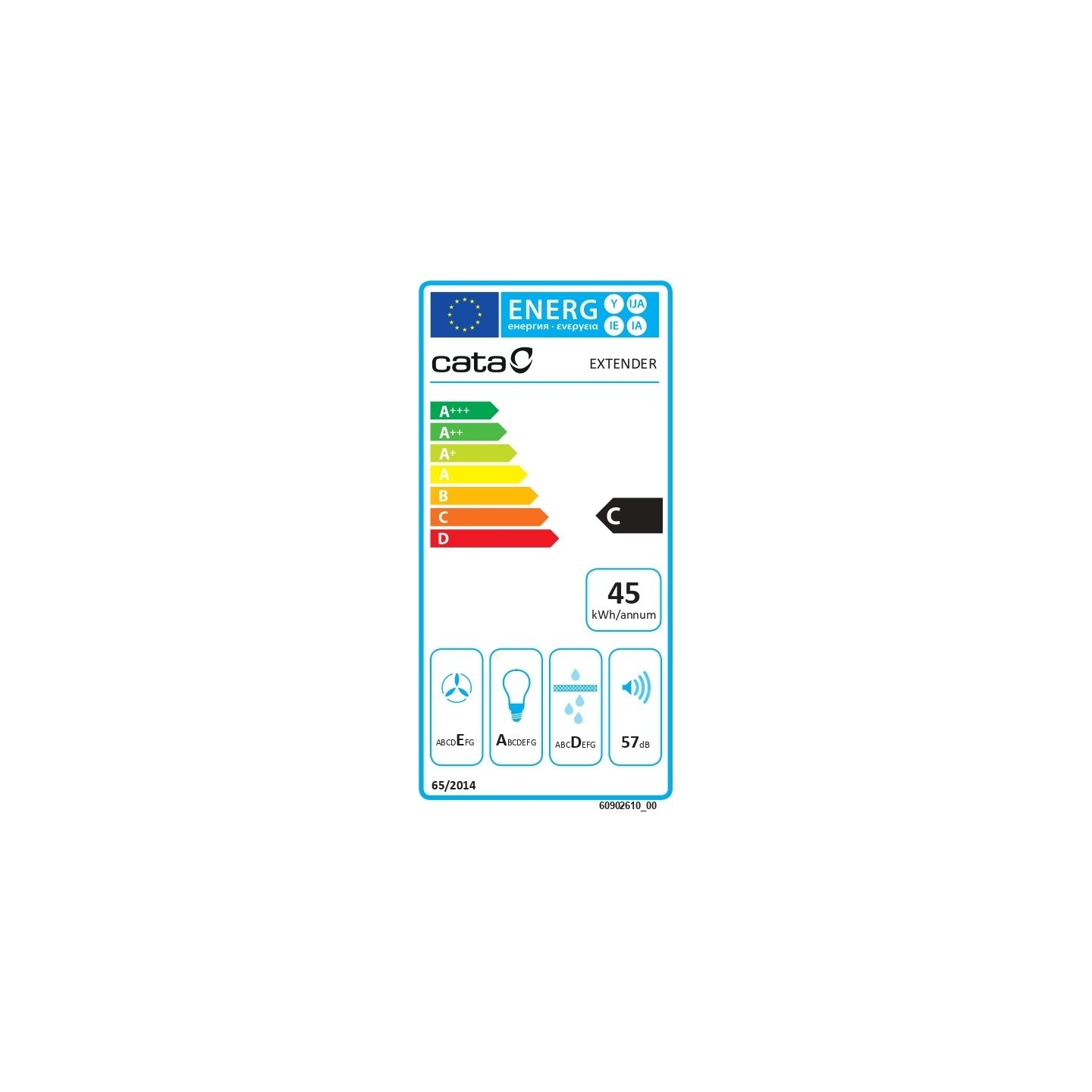 Cata Hood | EXTENDER 600 | Telescopic | Energy efficiency class C | Width 60 cm | 390 m³/h | Mechanical | ECOLED | Stainless Ste