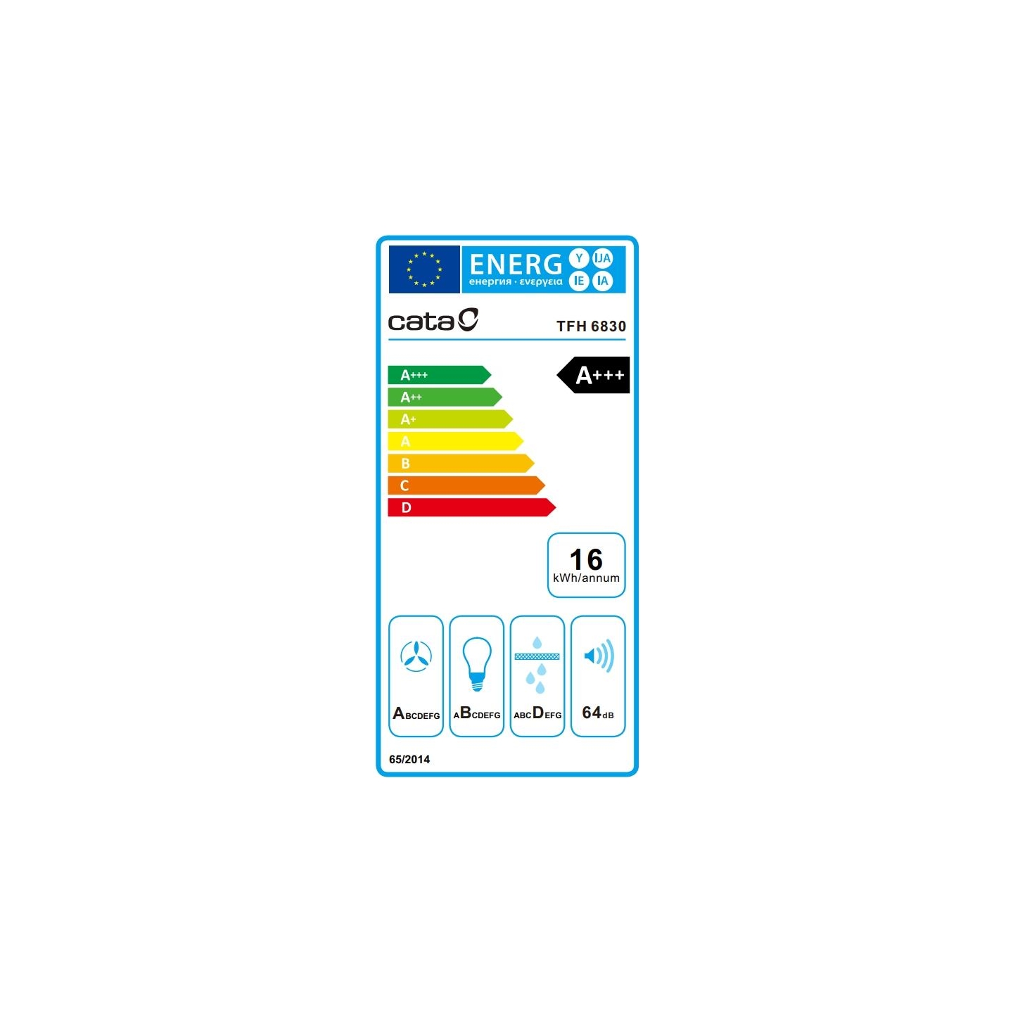 Cata Hood | CAMPANA TFH 6830 GWH | Telescopic | Energy efficiency class A+++ | Width 60 cm | 795 m³/h | Touch control | LED | Wh