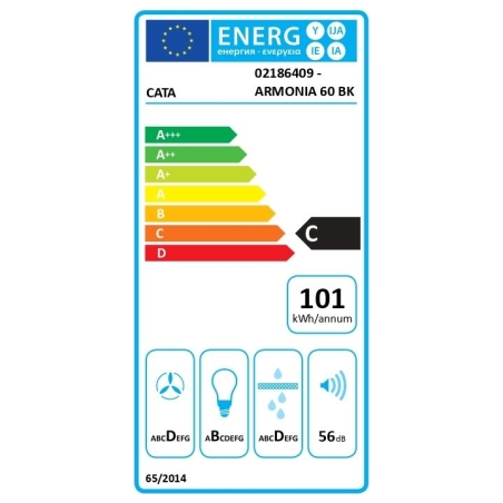 Cata Hood | ARMONIA 60 BK | Canopy | Energy efficiency class C | Width 59.8 cm | 645 m³/h | Mechanical | LED | Black