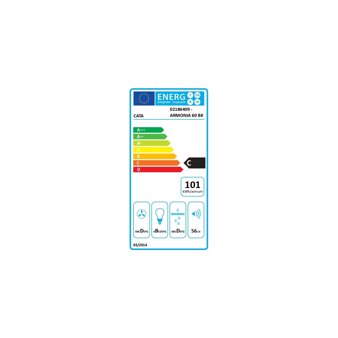 Cata Hood | ARMONIA 60 BK | Canopy | Energy efficiency class C | Width 59.8 cm | 645 m³/h | Mechanical | LED | Black
