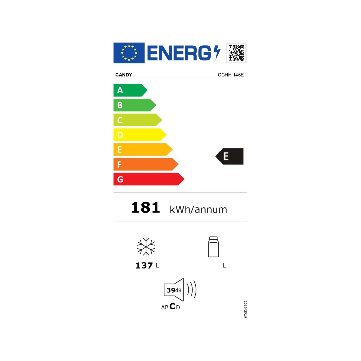Candy | Freezer | CCHH 145E | Energy efficiency class E | Chest | Free standing | Height 84.5 cm | Total net capacity 137 L | Wh