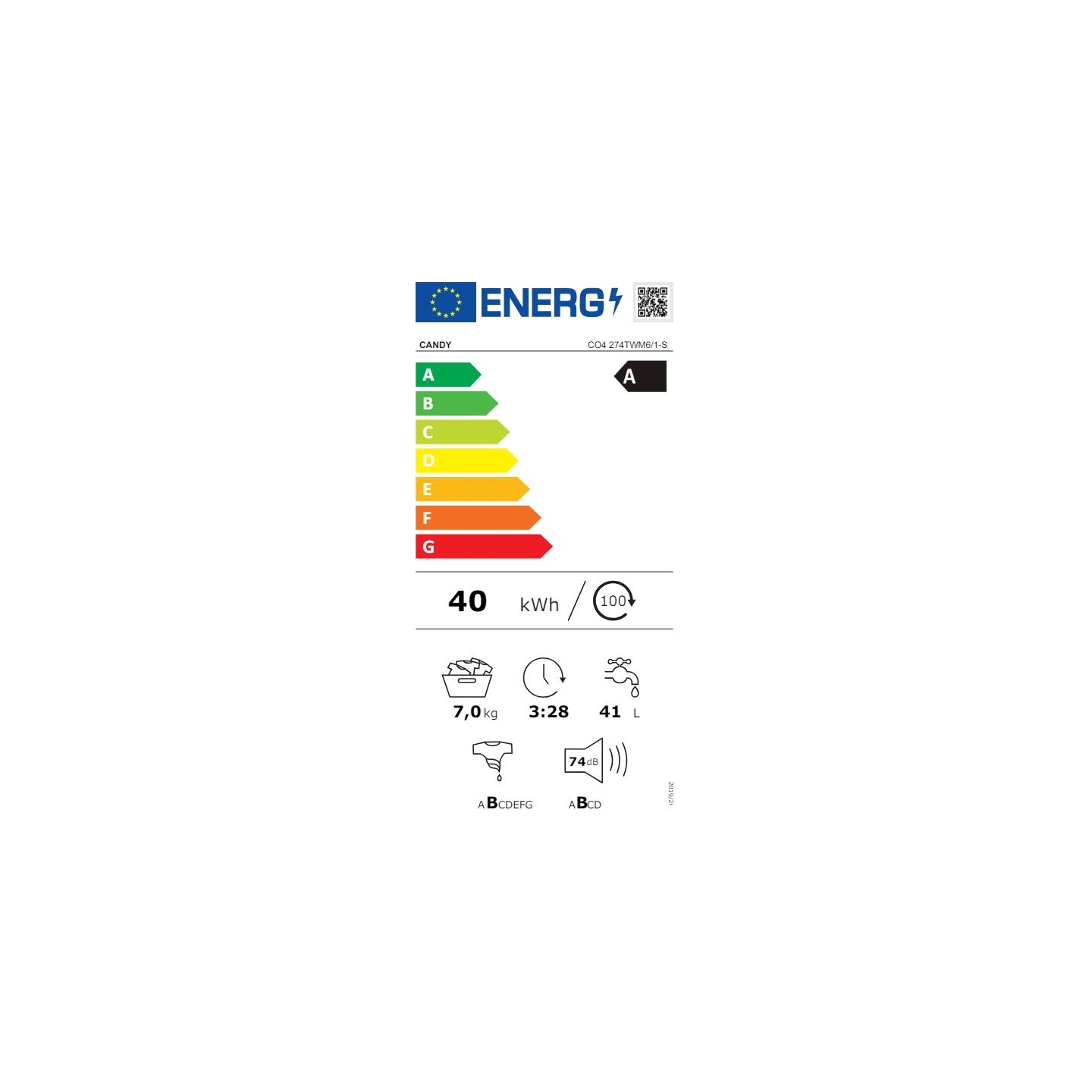 Candy | Washing Machine | CO4 274TWM6/1-S | Energy efficiency class A | Front loading | Washing capacity 7 kg | 1200 RPM | Depth