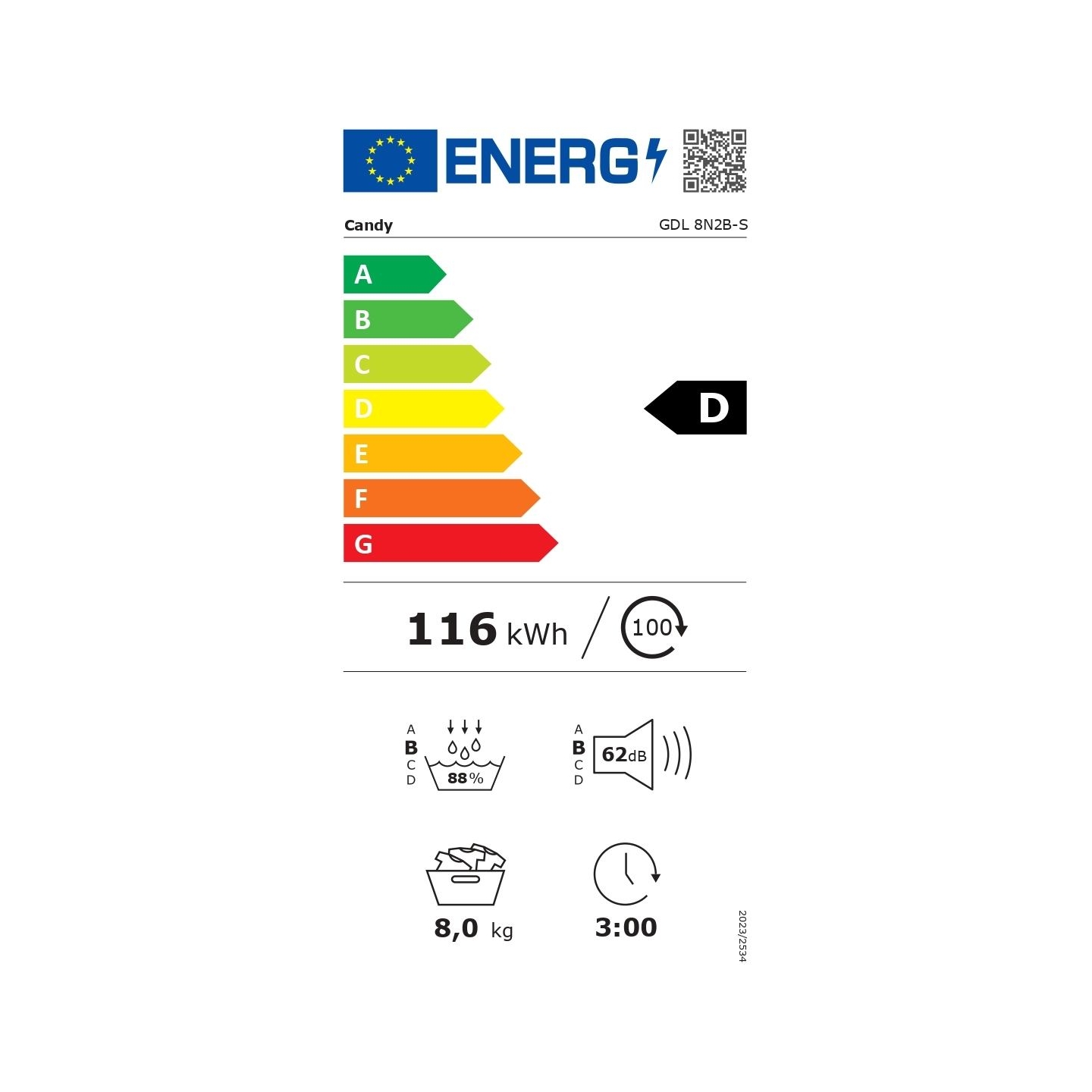 Candy | Dryer Machine | GDL 8N2B-S | Energy efficiency class D | Front loading | 8 kg | Heat pump | LED | Depth 59 cm | White