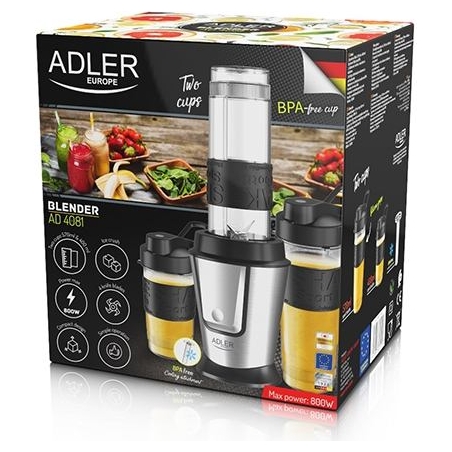 Adler | Blender | AD 4081 | Tabletop | 800 W | Jar material BPA Free Plastic | Jar capacity 0.4 + 0.57 L | Ice crushing | Black/