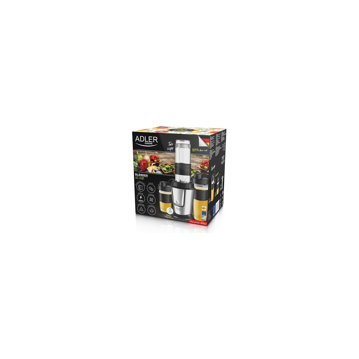 Adler | Blender | AD 4081 | Tabletop | 800 W | Jar material BPA Free Plastic | Jar capacity 0.4 + 0.57 L | Ice crushing | Black/