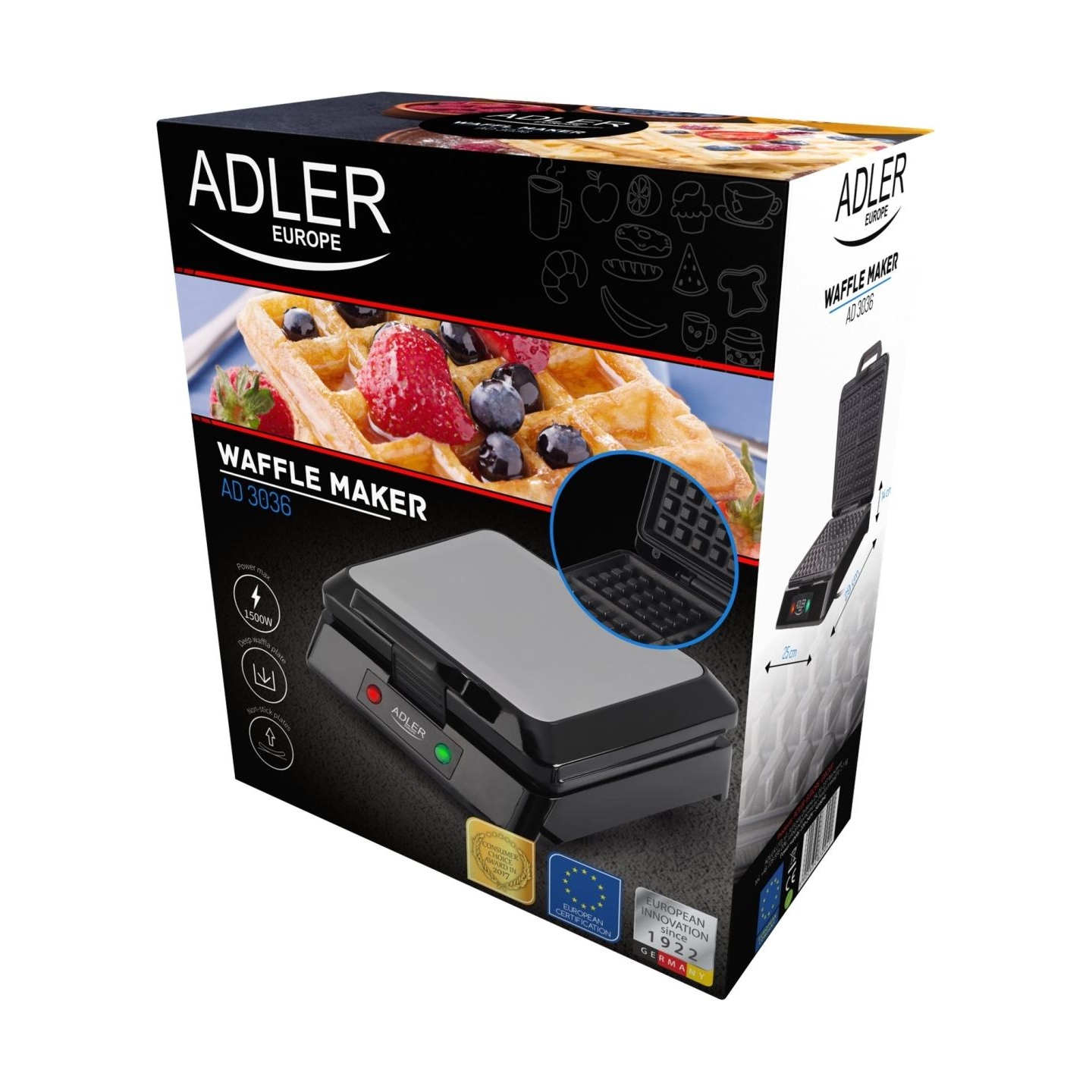 Adler | Waffle maker | AD 3036 | 1500 W | Number of pastry 4 | Belgium | Black