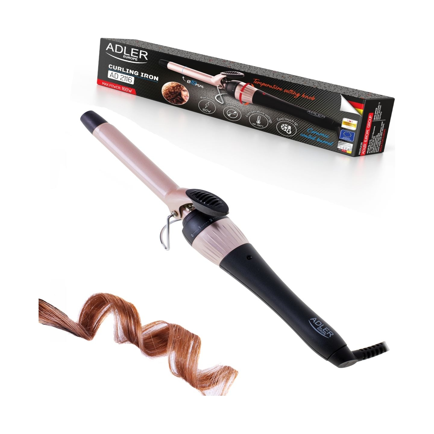 Adler | Curling Iron | AD 2116 | Ceramic heating system | Barrel diameter 19 mm | Temperature (max) 200 °C | 36 W | Black/Pink